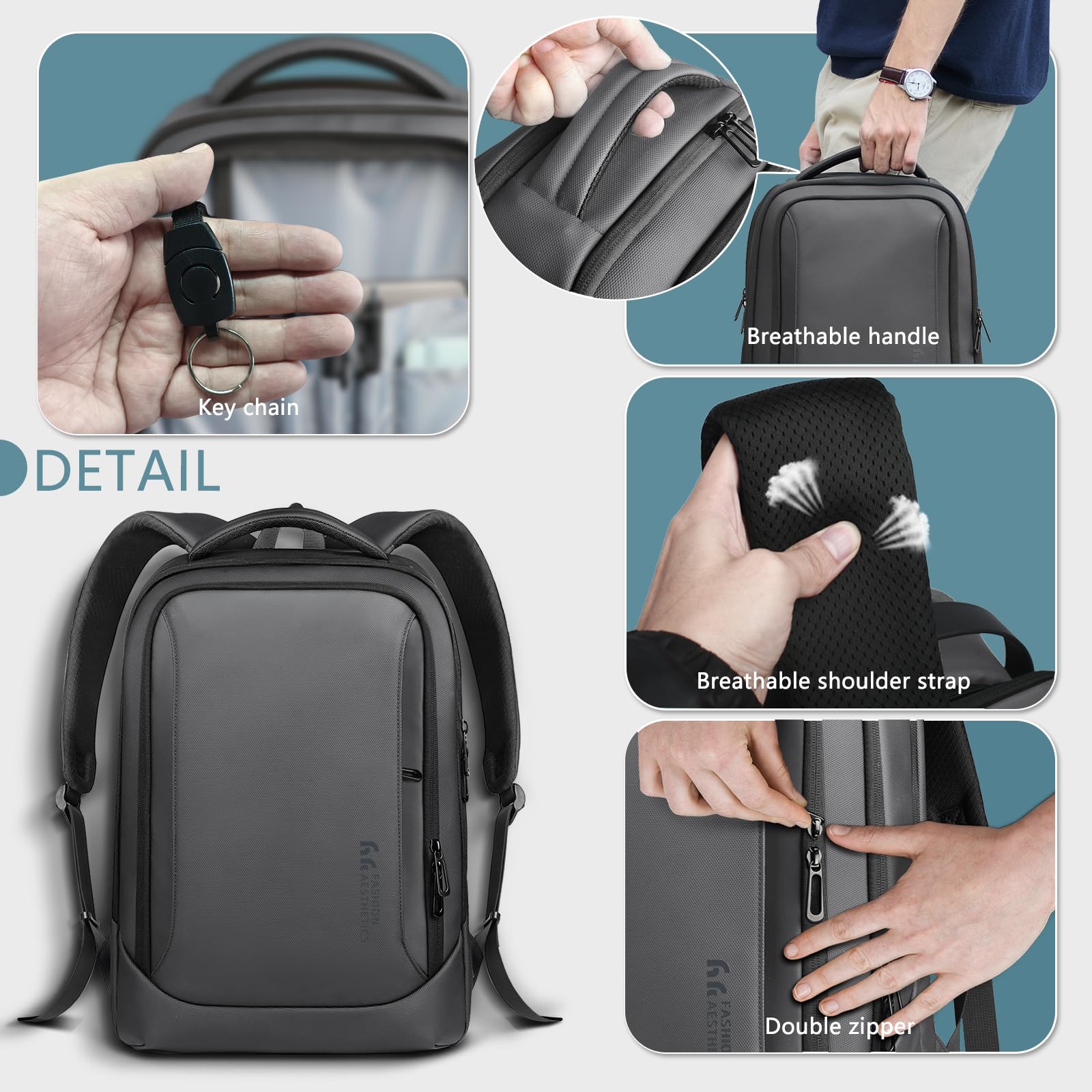 hk Zaino per laptop da uomo con porta di ricarica USB, impermeabile, per computer da 15,6 pollici, resistente, high-tech, zaino casual per lavoro, università, weekender, viaggi, grigio scuro, grigio