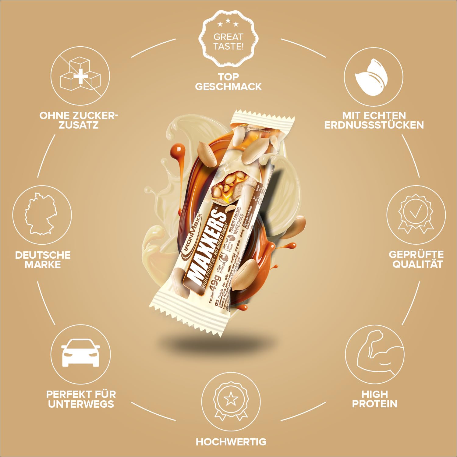 IronMaxx Maxxers Barrita de Proteína - White Choc-Peanut-Caramel 24x49g | Snack alto en proteínas con trozos de cacahuete reales | Sin azúcar añadido | Perfecto para llevar