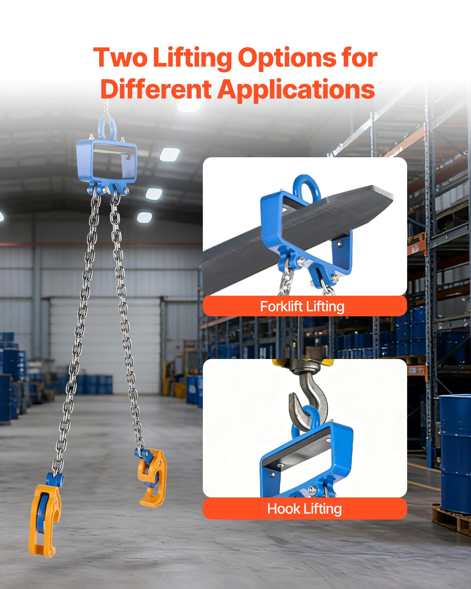 VEVOR Elevador de Bidones de Cadena, Cadena de Elevación de Bidones G80 con Gancho de Seguridad, Capacidad de 1 T, Apto para Carretillas Elevadoras de Grúa, Acero al Carbono, 755 x 175 x 35 mm