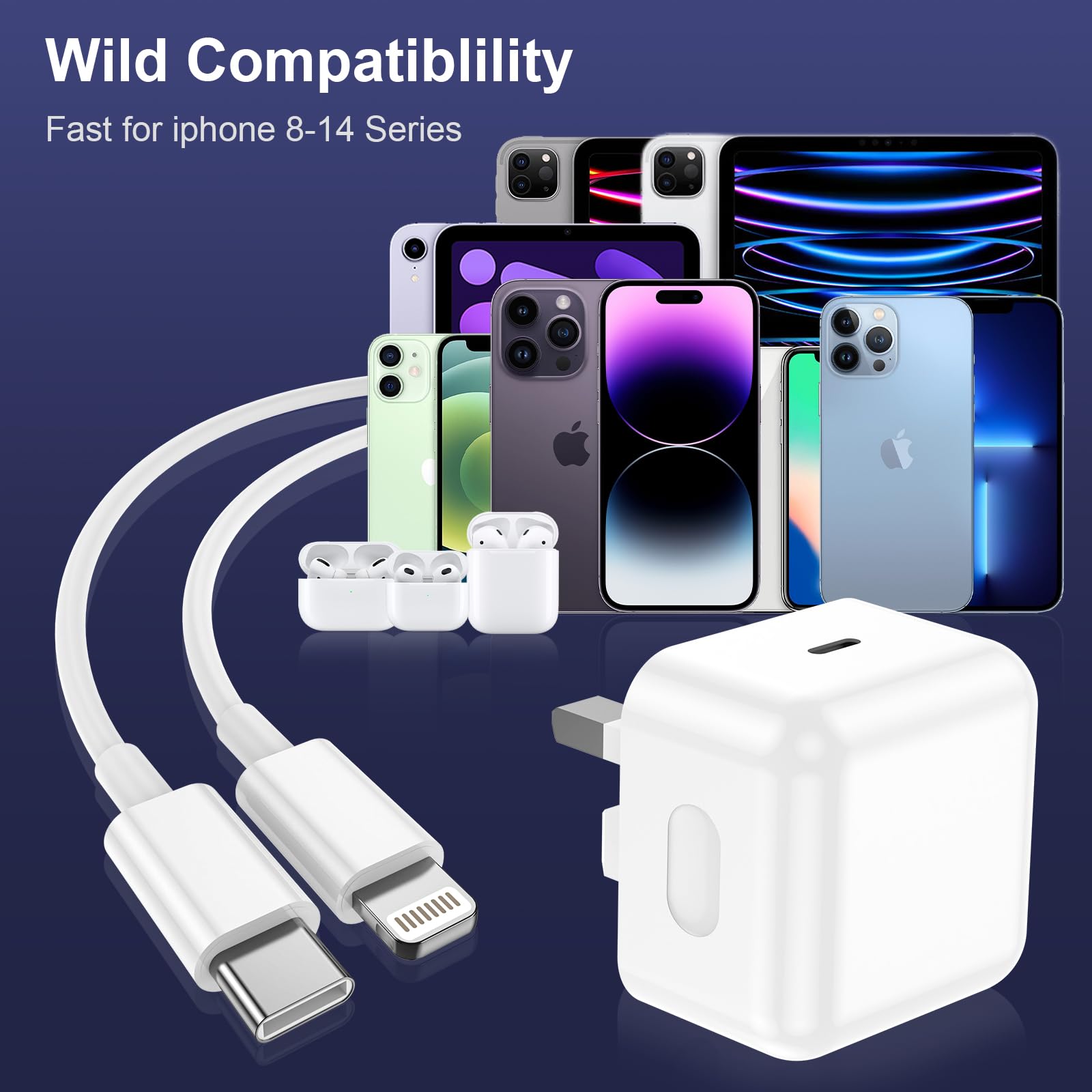for iPhone Charger Fast Charge, 2Pack PD Fast Apple Charger UK USB C Plug With 2M&3M iPhone Fast Charger Cable [ MFi Certified] Lightning Cable for iPhone 14 13 12 11 Pro Max XS X 8 6, iPad — view 6