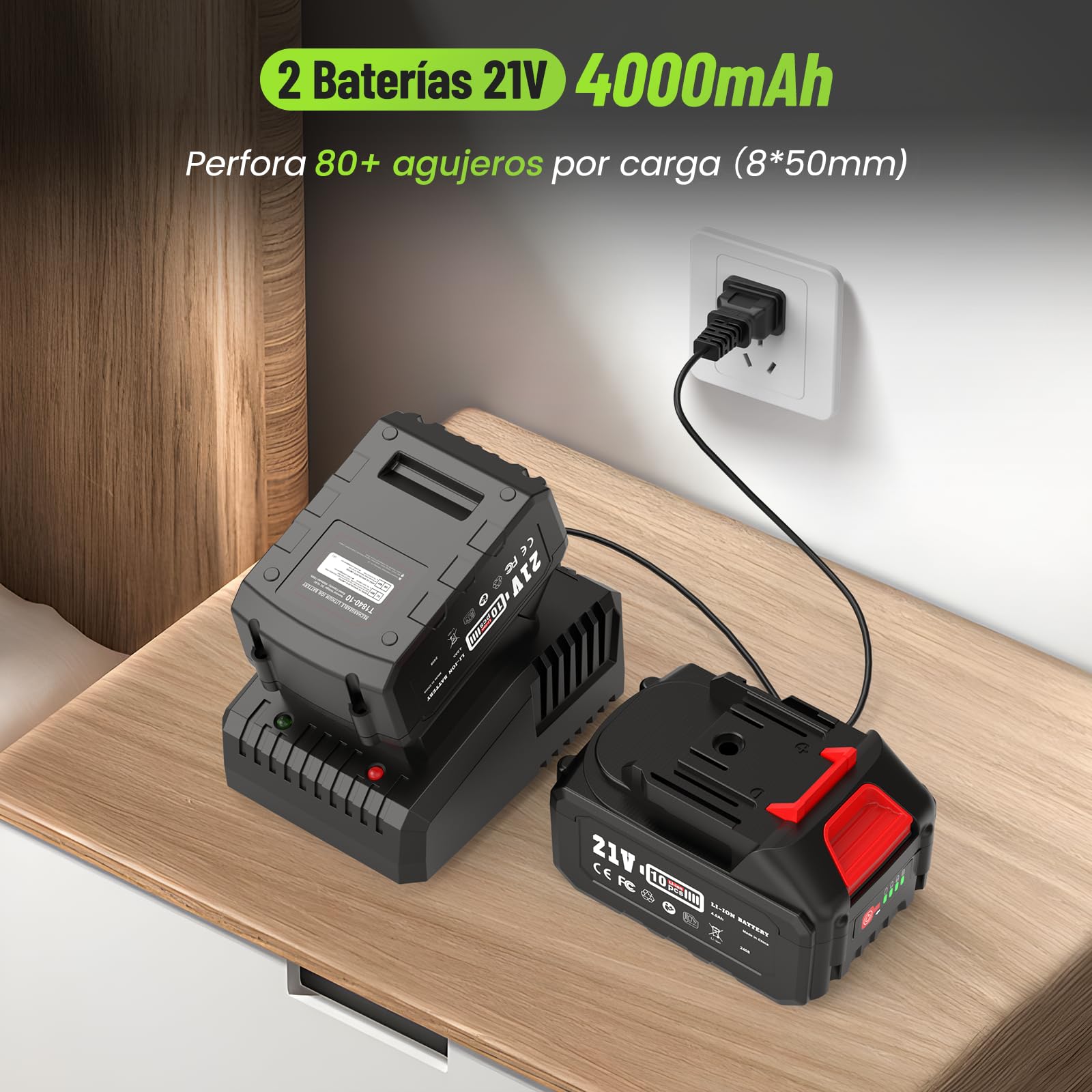 TaskStar 4 en 1 Martillo Perforador Inalámbrico 2.3J, Motor sin Escobillas, con 2 baterías de 4.0Ah 21V y cargador, Multifunción Taladro Percutor Portátil y Eficiente para Proyectos de Bricolaje