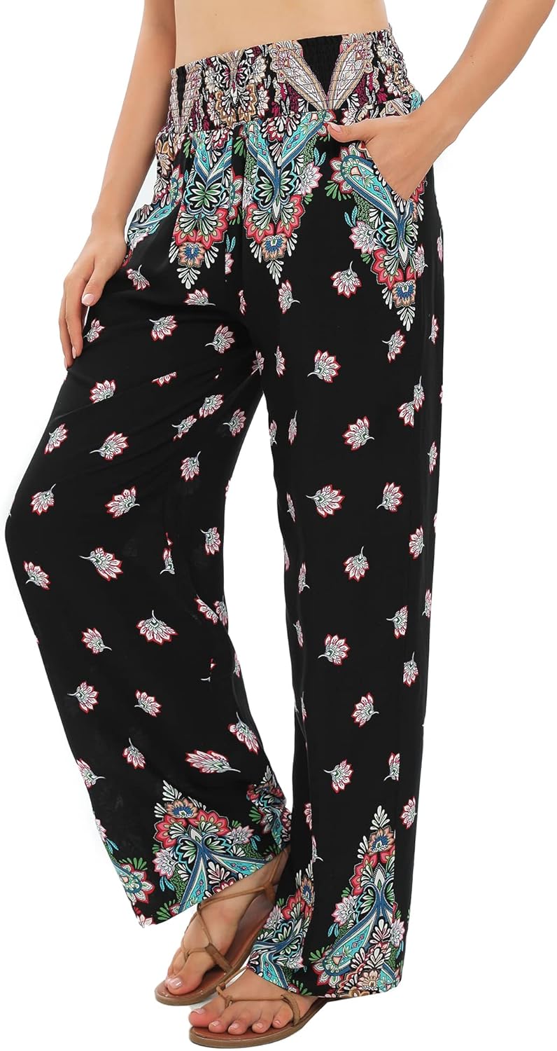 Urban CoCo Women's Elastic High Waist Boho Floral Print Pants Palazzo Wide Leg Lounge Pants - Image 5