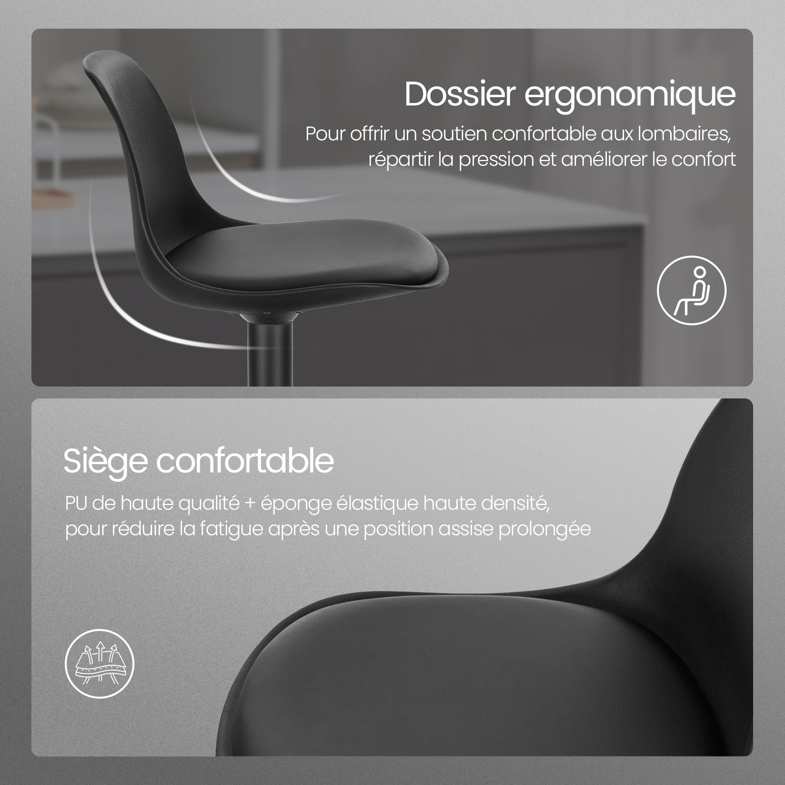 EUGAD Tabouret de Bar Lot de 2, Chaise de Bar Haute Cuisine Réglable en Hauteur et Pivotante, avec Dossier, Repose-Pieds, pour Îlot de Cuisine, Bar, Salle à Manger, en Cuir synthétique, Noir