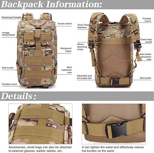 Miniatura 3 de LIMHOO Mochila táctica para hombres  Mochila militar pequeña 30L EDC Molle bolsa con parche de bandera de Estados Unidos, CP Camo, Mochilas de lona
