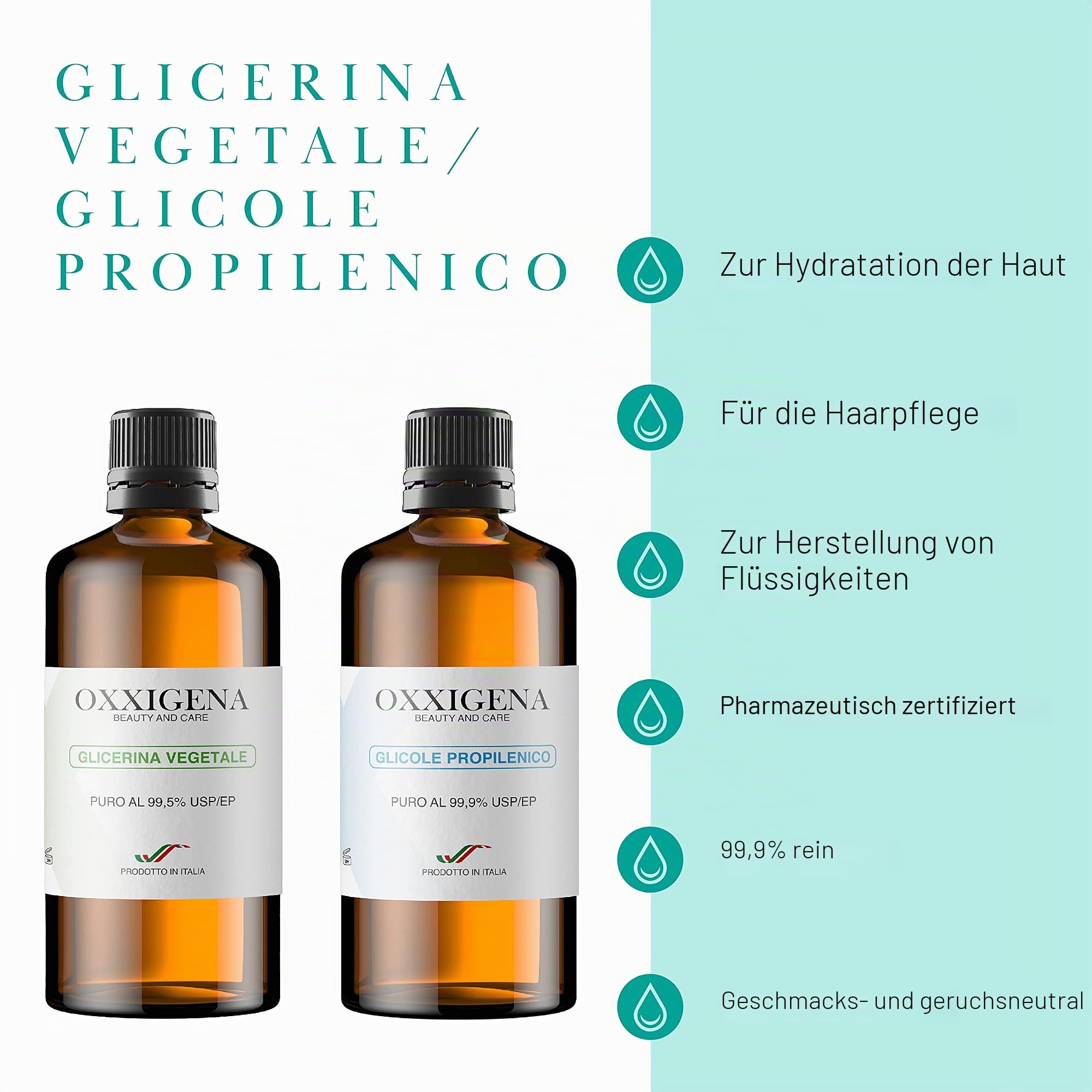 Oxxigena - Neutrales Basis-Kit von 1L, mit reinem flüssigen pflanzlichen Glyzerin ≥ 99,5% (500 ml) + Reines flüssiges Propylenglykol (500 ml), 50 VG/50 PG, 100% Made in Italy, pharmazeutische Reinheit