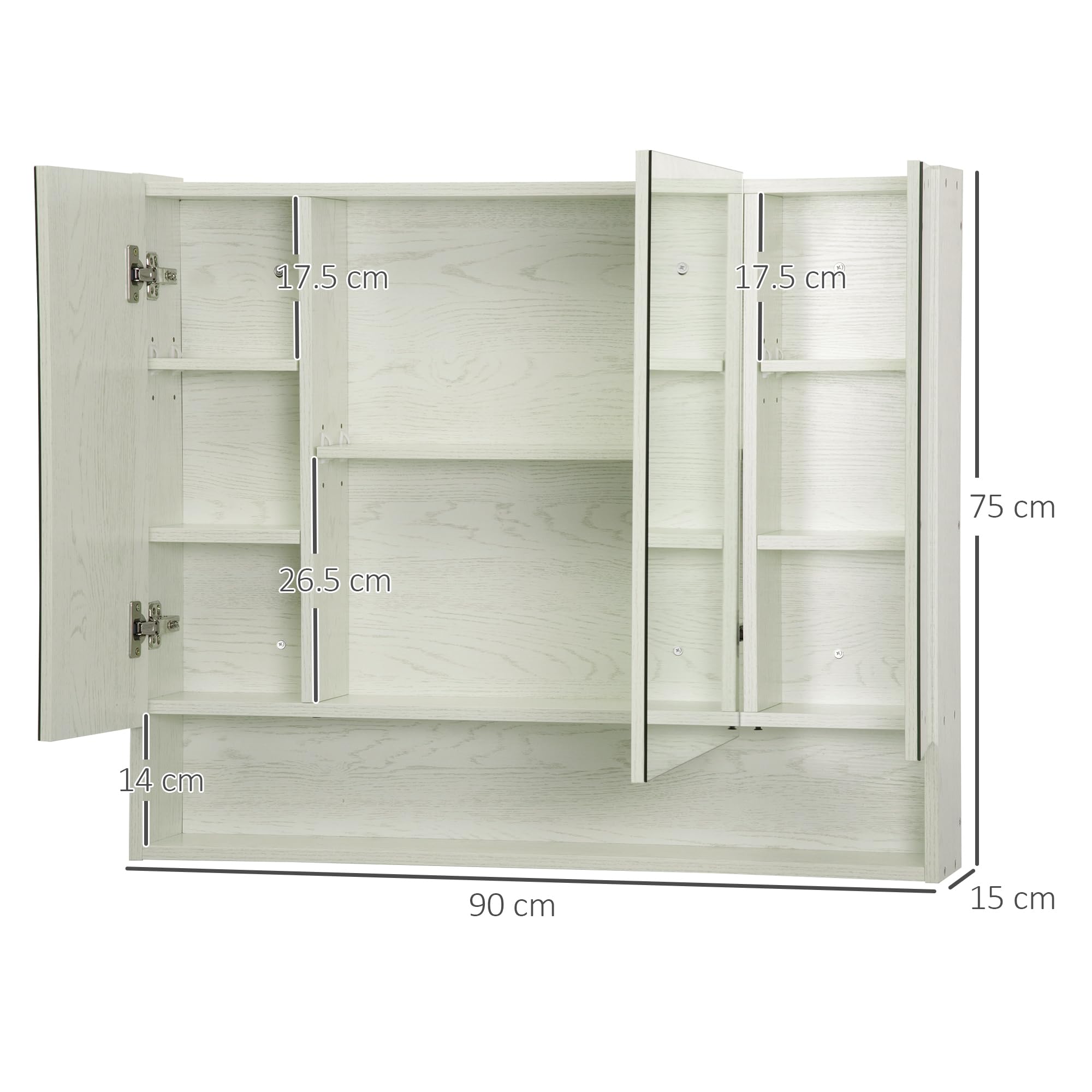 kleankin Specchio Bagno Contenitore con 3 Ante Soft Close, 90x15x75 cm Mobile Bagno con Specchio, Ripiani Regolabili, Scomparto Aperto, Mobilettto Bagno da Parete Salvaspazio in Vetro, Effetto Legno