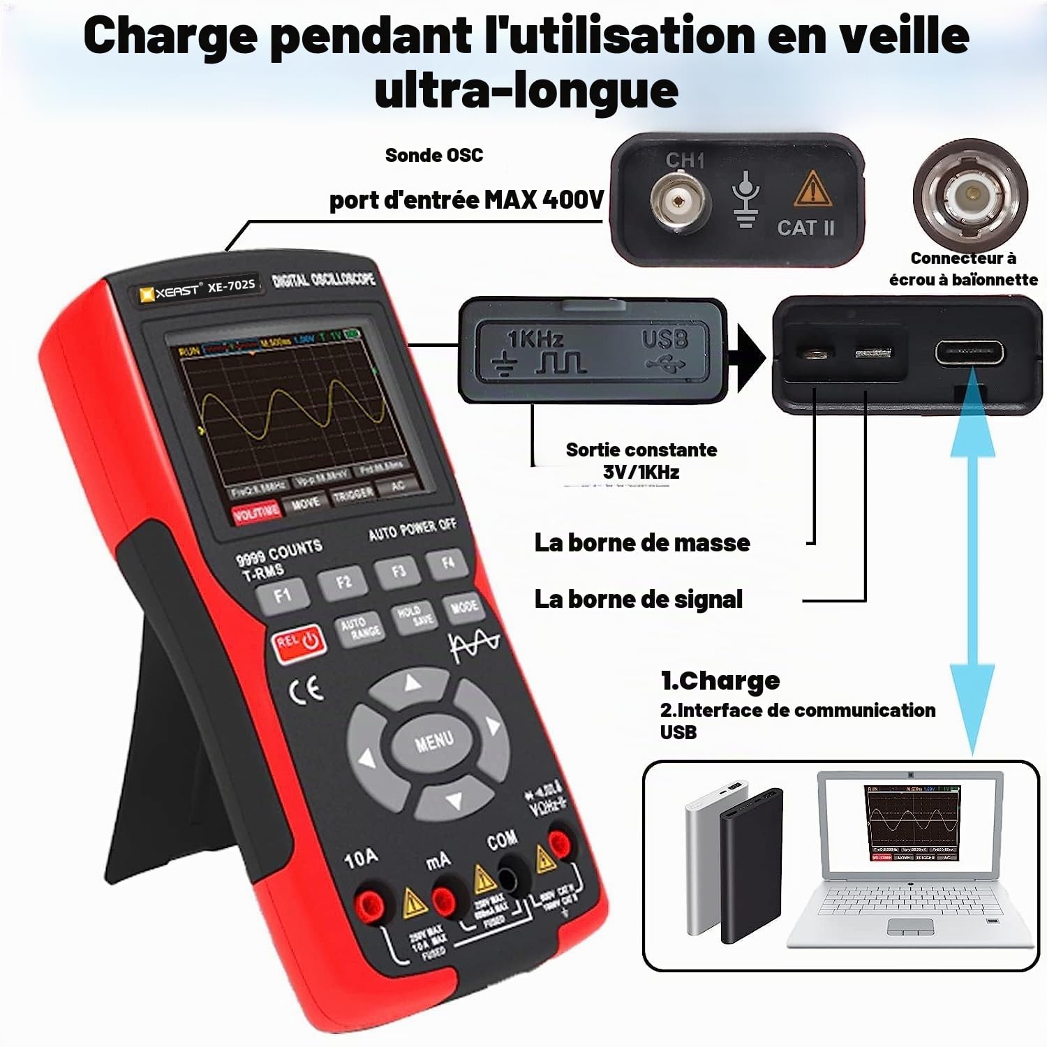 Oscilloscope portable, Multimètre numérique 9999 Counts, Avec sonde de température, Bande passante 10MHz 48MSa/s High Sampling LED Oscilloscope, Fonction d'auto-calibration DC/AC Tension/courant Test