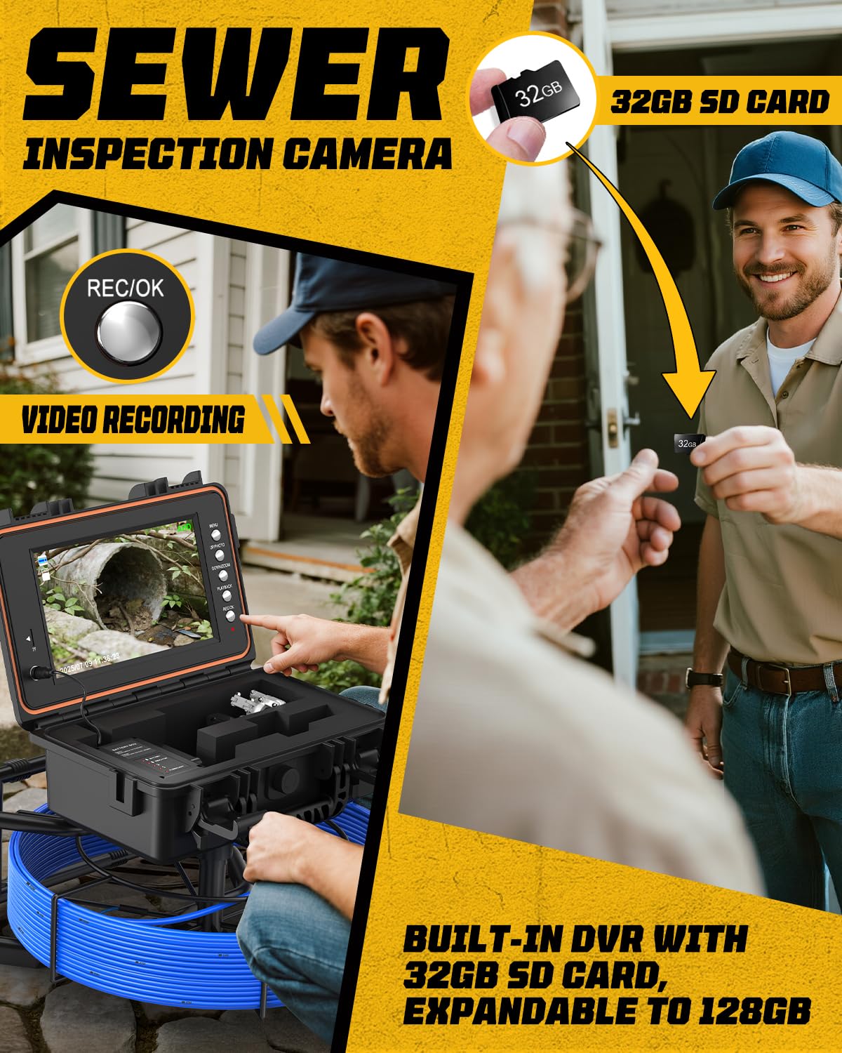 Anysun Inspektionskamera mit Selbstnivellierung, 23mm IP68 Wasserdichter Rohrkamera, 9" IPS Bildschirm, 1080P DVR, 7mm Kabel mit Meter-Markierung, 5100mAh Akku Endoskopkamera für Abflussinspektionen