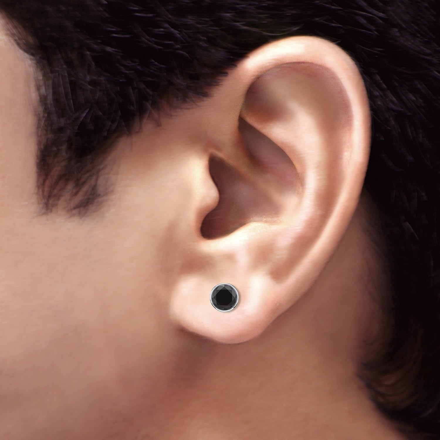 14k Gold Bezel-set Round Black Diamond Men SINGLE STUD Earring (1/4-2 ct, Black) Push-Back