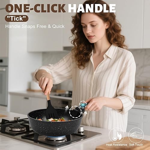 Miniatura 2 de Numola Juego de 10 ollas y sartenes antiadherentes con mango desmontable, juego de utensilios de cocina de cerámica para apilables, juego de