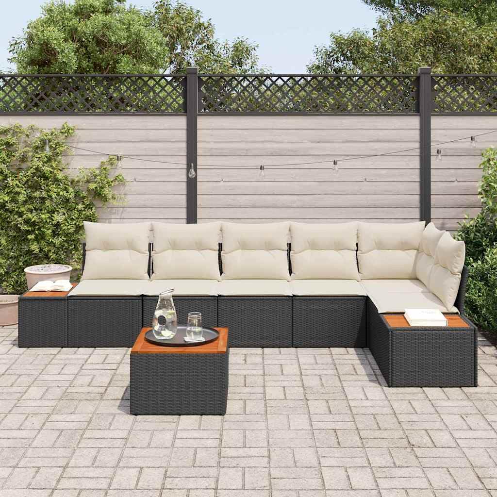 Juego de muebles de terraza minimalistas de 7 piezas como muebles de jardín de poliratán moderno con sofá modular exterior y cojines en negro y crema