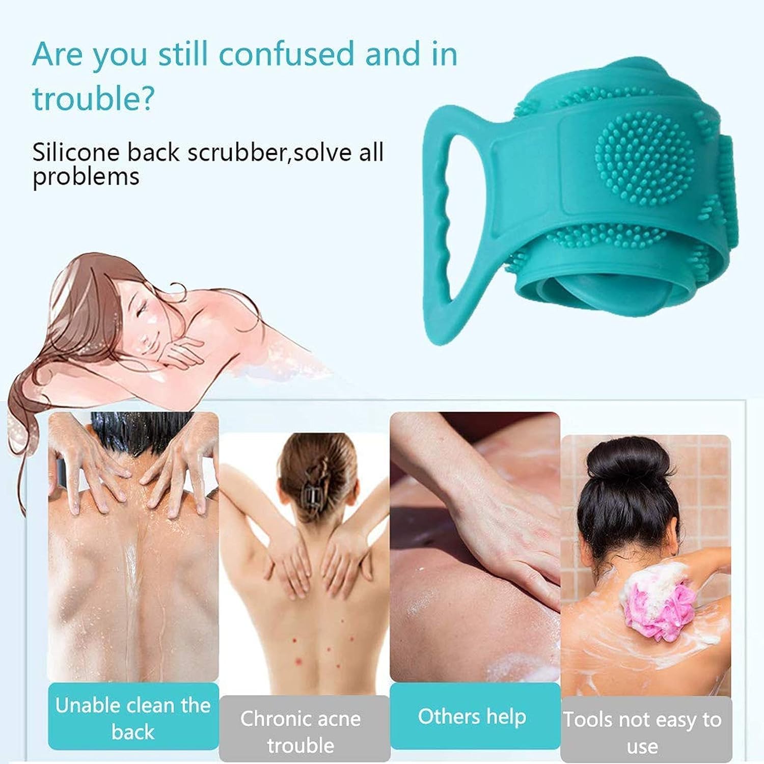 HEVIR Silicone Body Back Scrubber - Double-Sided Bath Brush for Deep Cleaning, Massage, and Exfoliation in Shower - Easy to Clean - Dead Skin Removal Exfoliating Belt - Body Brush for Bathing 2