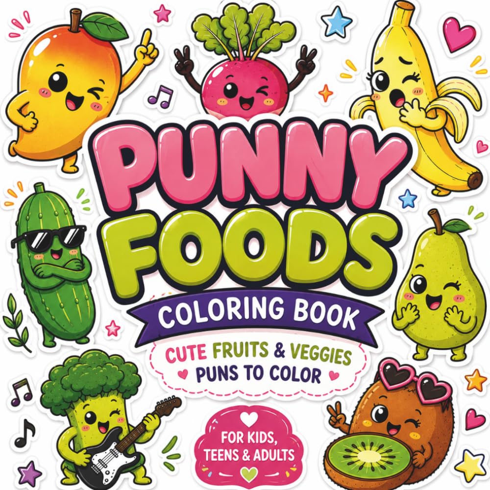 Punny Foods Coloring Book: Cute Fruits & Veggies Puns to Color Featuring Adorable Kawaii Designs for Kids, Teens & Adults