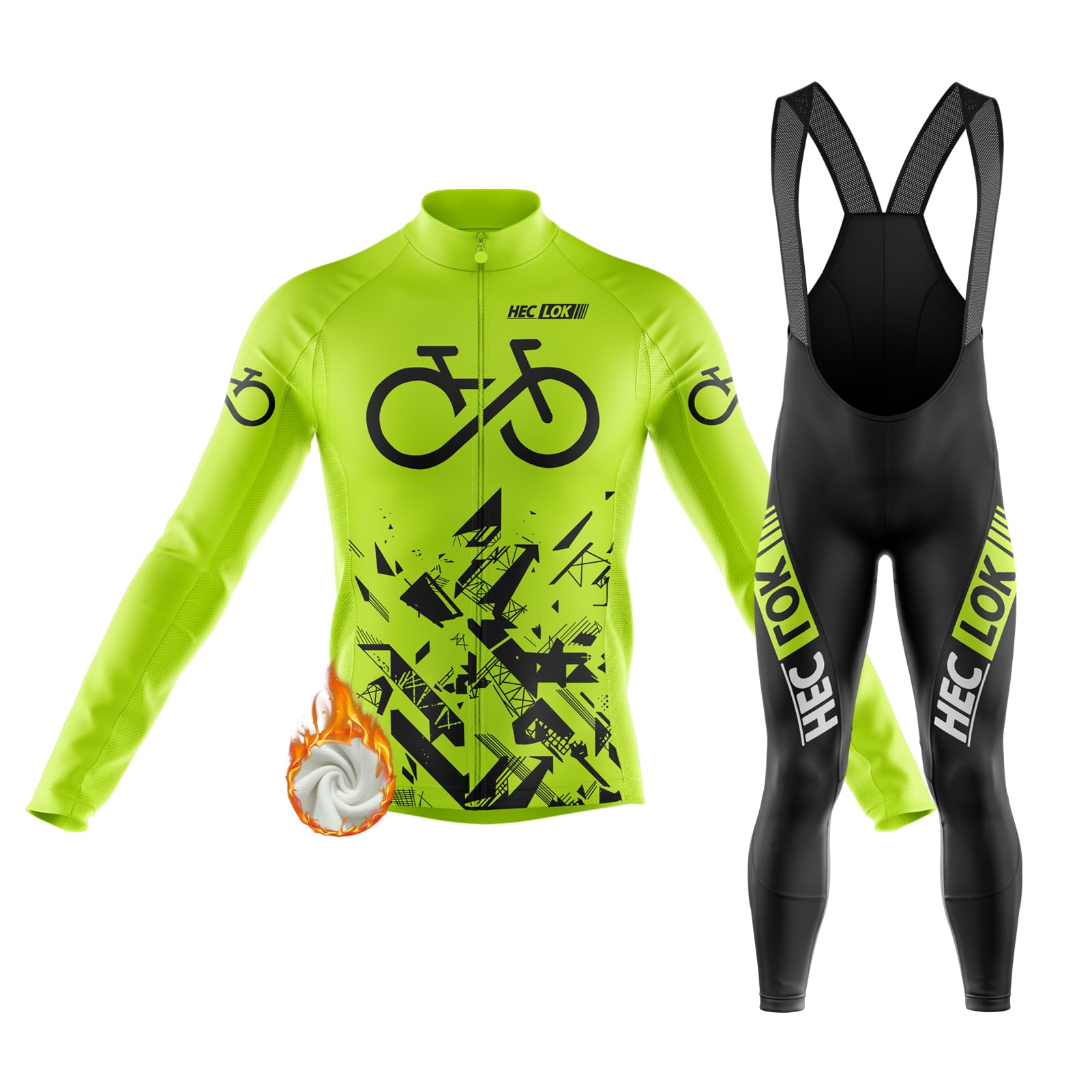 HECLOK Winter Cycling Jersey Mens Long Sleeve Set Thermal Fleece Bike Shirt bib Cycling Trousers Suits Classic Cycling Clothing，9D Gel Padded Bib Pants， Biking Race (TYP-10,L)