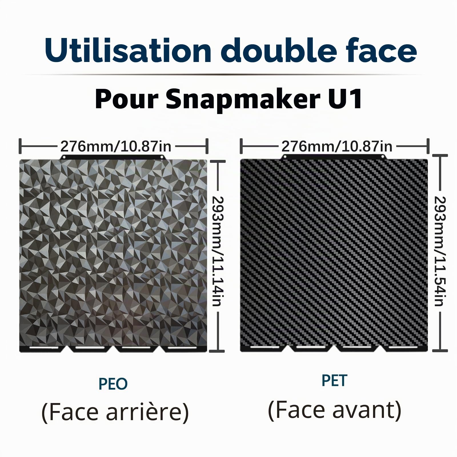 Pour Snapmaker U1 - PEO PET - 270 x 270 mm - Double face - Plate-forme de lit chauffante en PEI - Flexible et amovible - Fabriqué en acier à ressort pour pièces Snapmaker U1 (fibre de carbone +
