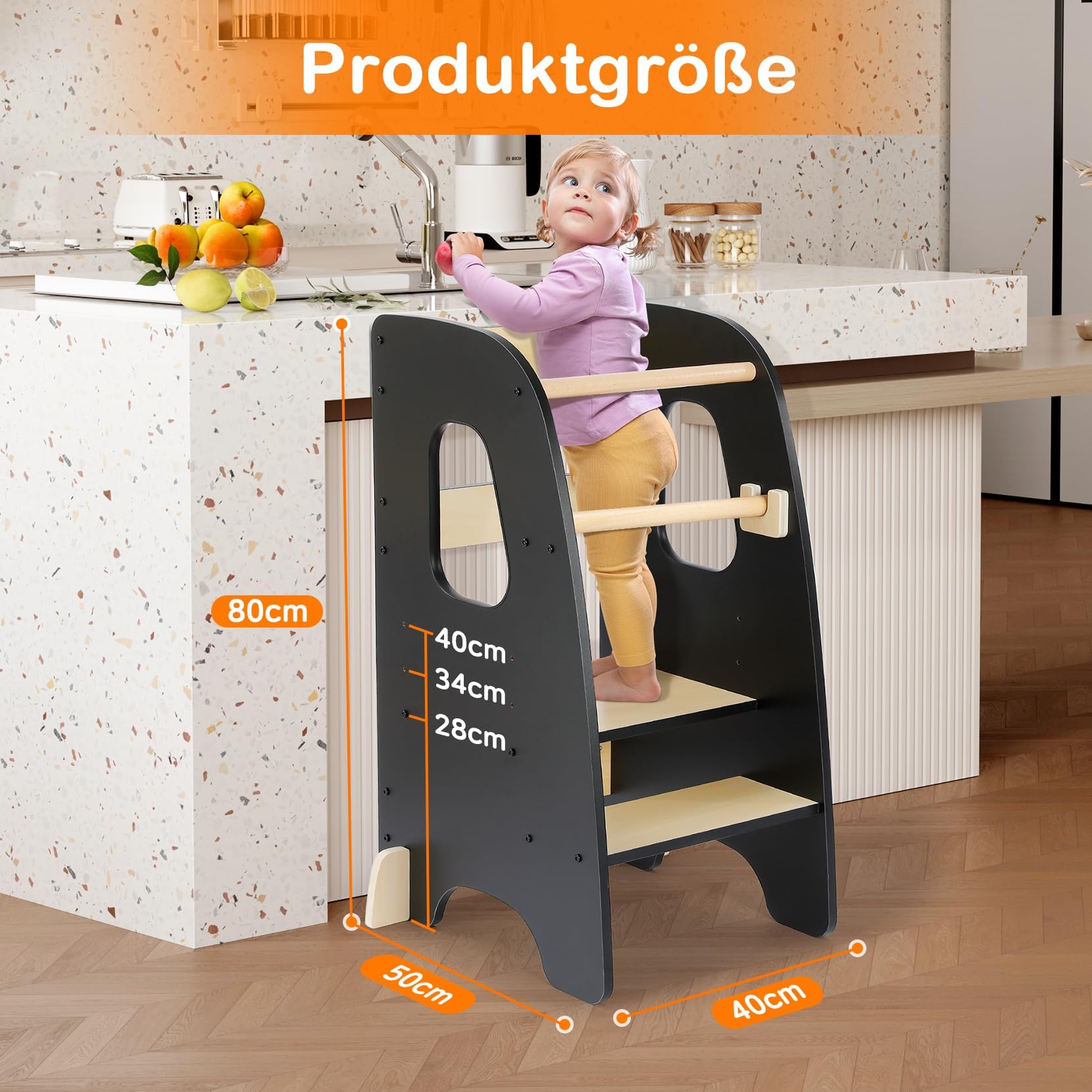 Lernturm ab 1 Jahr, 3 Stufen Höhenverstellbarer Lernturm, Sicher & Stabil, Montessori Küchenhelfer und Learning Tower, Stylisch Kippschutz Höchste Sicherheit (Schwarz)