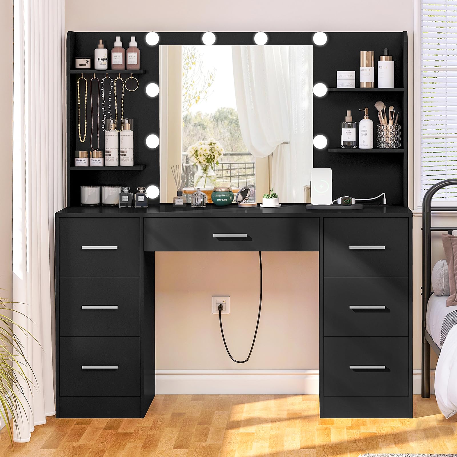 FIONESO 42.1" Vanity Desk with Mirror and Lights, Makeup Vanity with 7 Drawers, 4 Shelves, 5 Jewel Hooks & Power Strip, Vanity Desk for Bedroom,