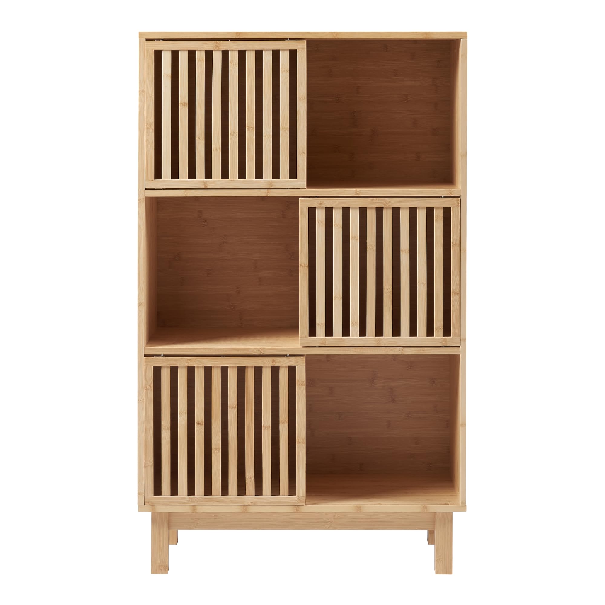 [en.casa] Estantería de Pie Ypäjä con 6 Compartimentos Estanteria Independiente con 3 Puertas Corredoras Librería para Salón Oficina Dormitorio Estable Sostenible Bambú 126x76x33cm - Natural
