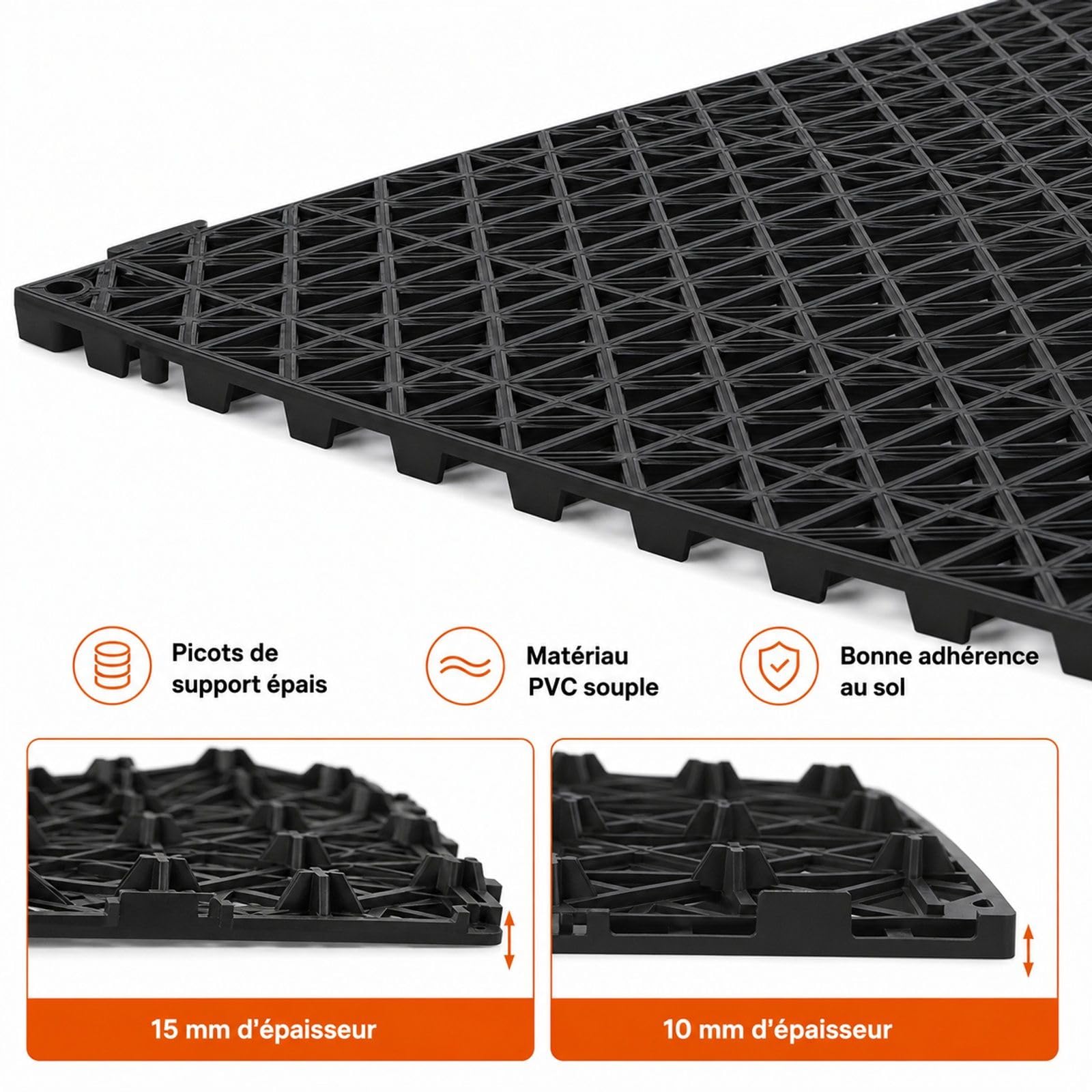 Lot de 12 dalles de sol en PVC noir, dalles clipsables ajourées pour jardin, piscine, terrasse, cuisine et salle de bain