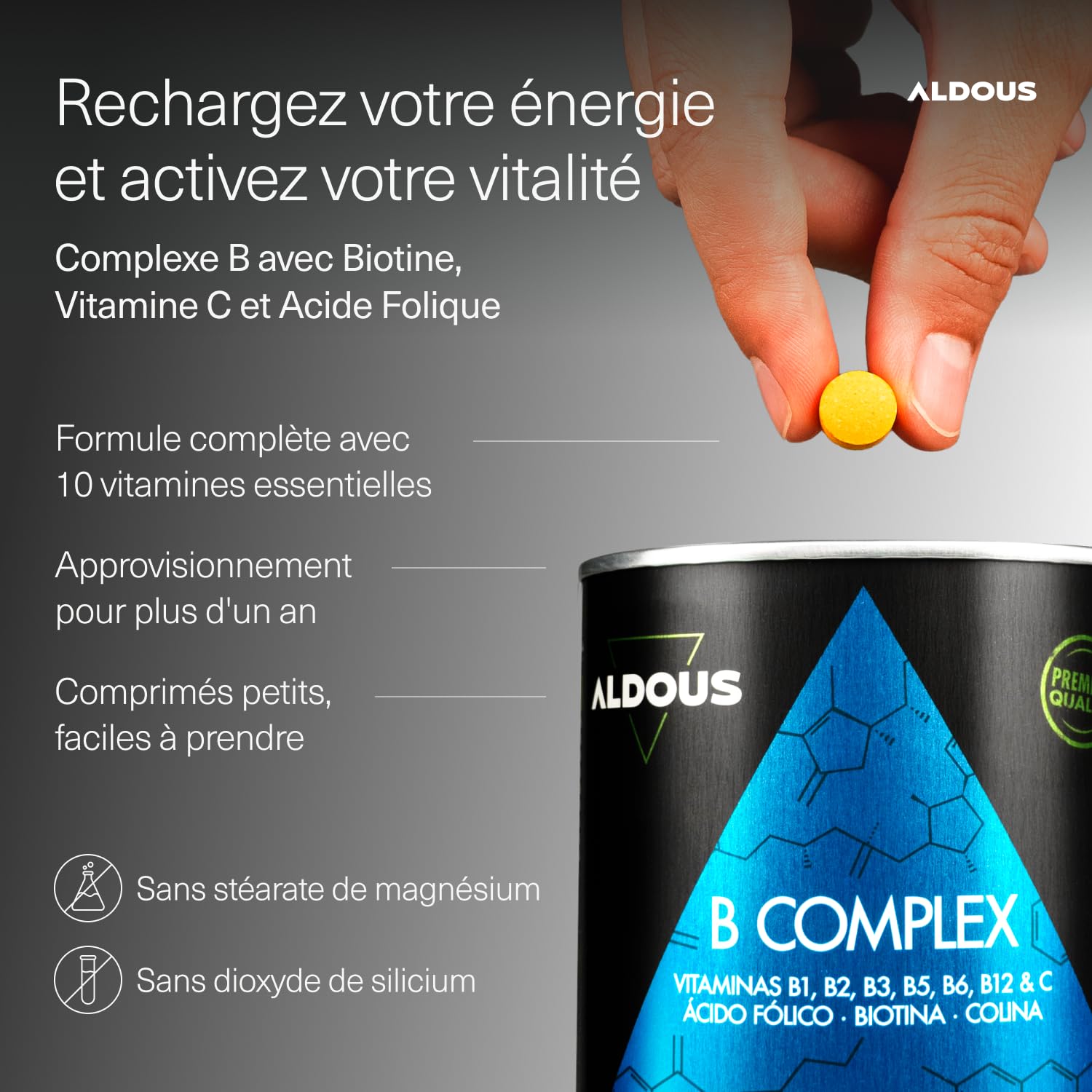 Vitamine B Complex + Vitamine C - 400 comprimés pour plus d'un an - Multivitamines - Complexe Vitamine B avec Vitamine B12, B1, B2, B3, B5, B6, Acide Folique, Biotine, Choline - Vegan - ALDOUS