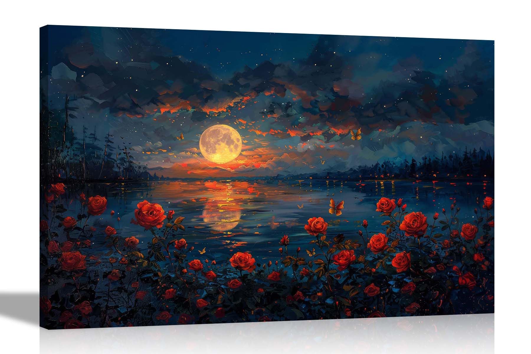 Artley Prints Moon Light Red Roses - Red Rose Garden Ocean Full Moon Canvas Wall Art Pictures Home Conservatory Nature Prints Ready To Hang Decoration 30 X 20Cm (12 X 8 Inches) A4