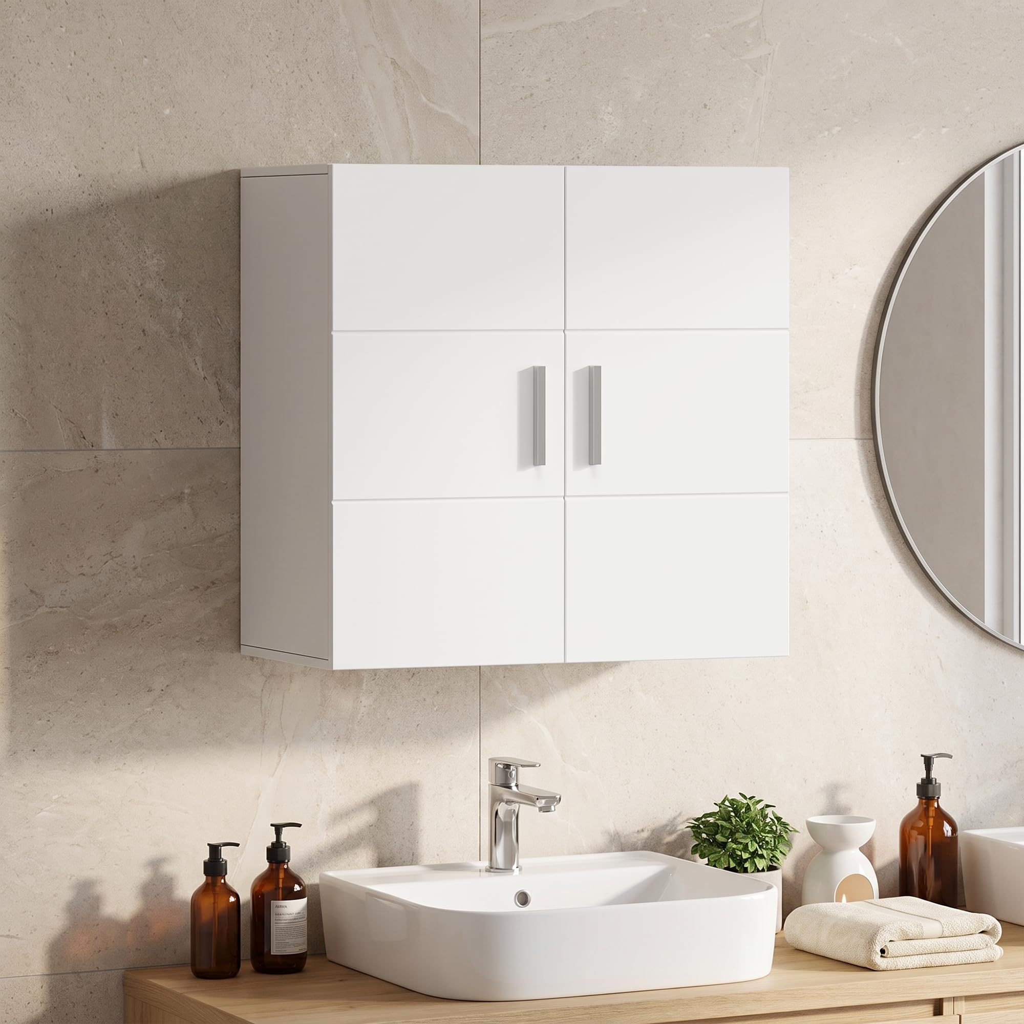 APICIZON Pensile Bagno 2 Ante, 60 × 31 × 60 cm, Bianco | Mobile bagno sospeso con ripiano interno regolabile, armadietto da parete per bagno, cucina, lavanderia o WC