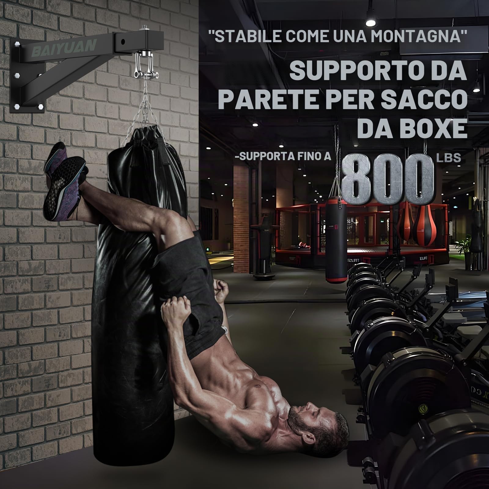 BaiYuan Gancio per Sacco, Supporto da Parete per Sacco da Boxe, Staffa da Parete Regolabile per Sacco da Boxe, per casa o Palestra, per Sacco da Kickboxing, Muay Thai, ECC. (Supporta Fino a 363 kg)