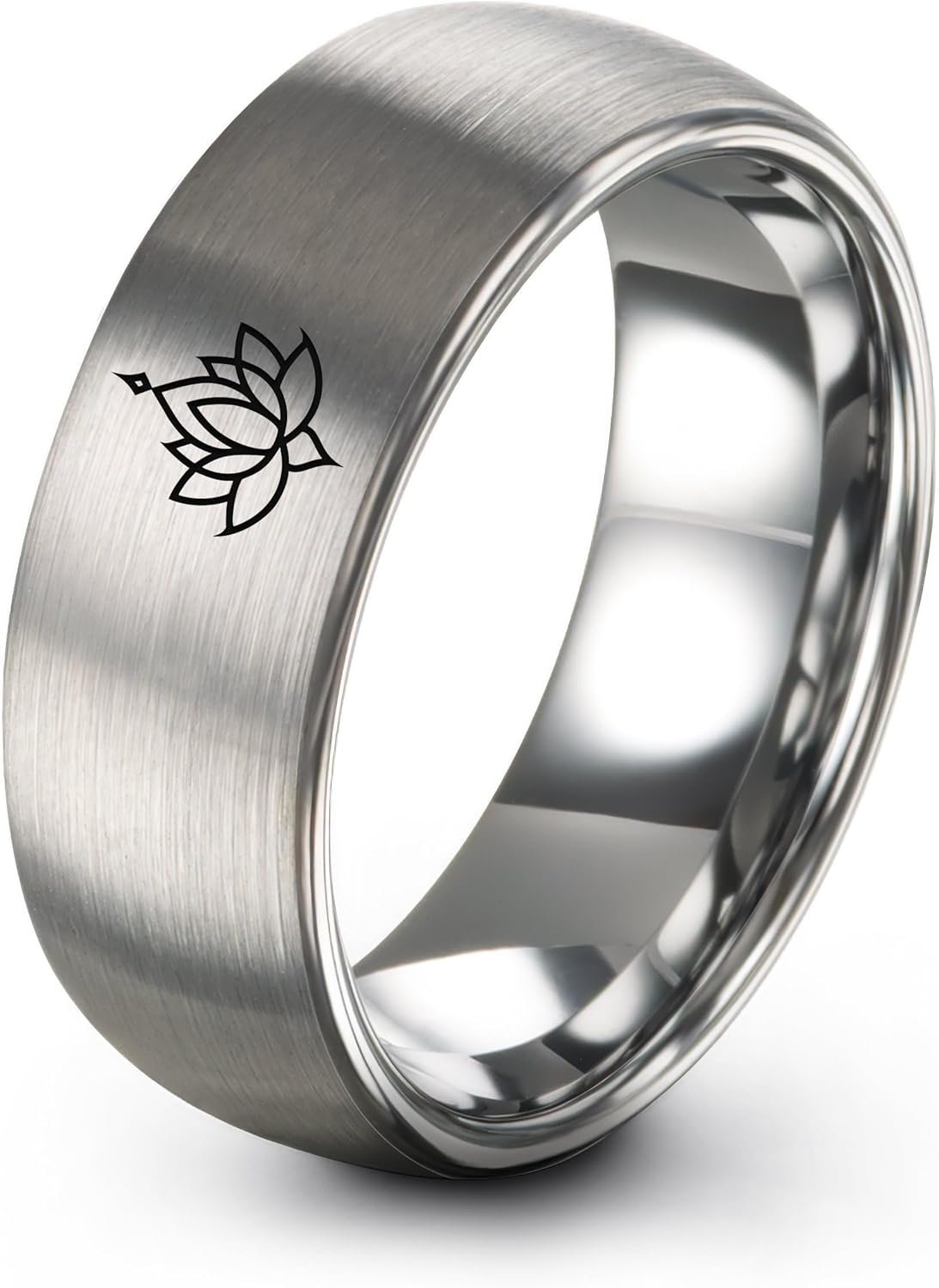 Lotus Flower Ring - Gift for Spiritually Minded Person - Flat Dome Bevel - Anniversary Wedding - Tungsten - Personalized Custom Engraving - Band - 8mm - Yellow Rose Gold Silver - Men Women - Brushed P