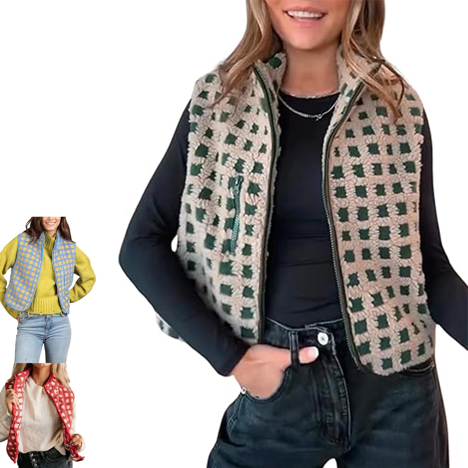 QingxingFa Red Checkered Vest, Women's Checkered Sherpa Vest Sleeveless Zip,Cardigan Warm Collared Outerwear Vests (green,L)