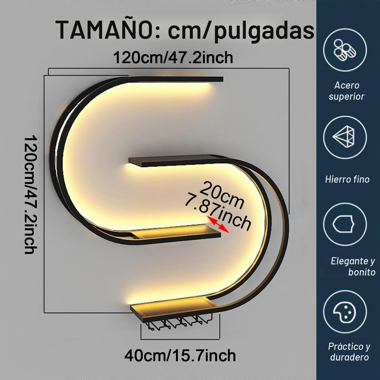 120cm Botellero de Pared, Botellero Semicircular Multicapa con Ganchos para Copas de Vino, Vino de Hierro Forjado, Apto para Cocina, Bar, Cafetería (Excluidas Las Bombillas) (BLACK, 121*20*120cm)