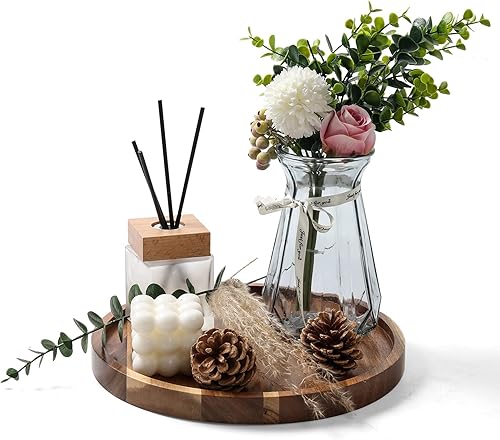 Miniatura 8 de Decoración redonda de madera rosa para decoración del hogar, servicio de madera, vela, bandeja de perfume, bandejas de mesa auxiliar (11.5 pulgadas,