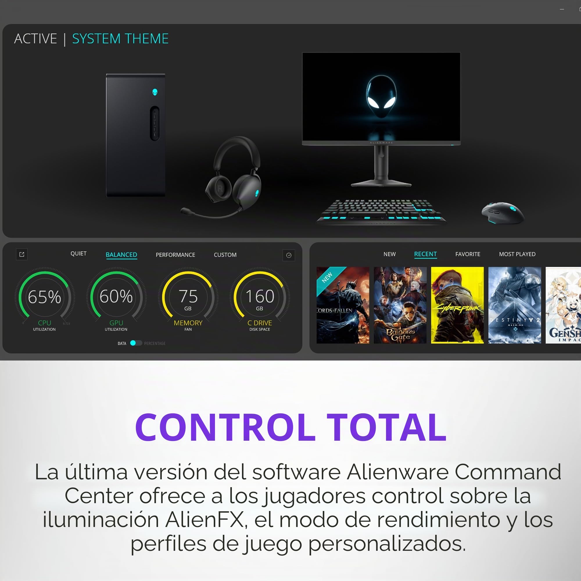 Alienware Aurora Gaming Desktop ACT1250 - Procesador Intel Core Ultra 7 de 265 KF, refrigerado por líquido, NVIDIA GeForce RTX 5070, 32 GB DDR5 RAM, 2 TB SSD, 1000 W Platinum Rated PSU, Win 11 Home