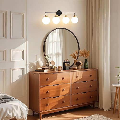 Miniatura 6 de Lámparas de baño, 4 luces de tocador de baño negras y doradas sobre el espejo, iluminación moderna de pared de granja con pantallas de bola de