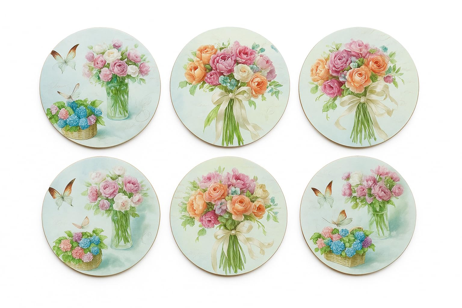 QUIRA Floral Print Round Coasters, Set of 6, Vintage Rose Bouquet Design with Butterflies, Tea and Coffee Table Decor-image-12