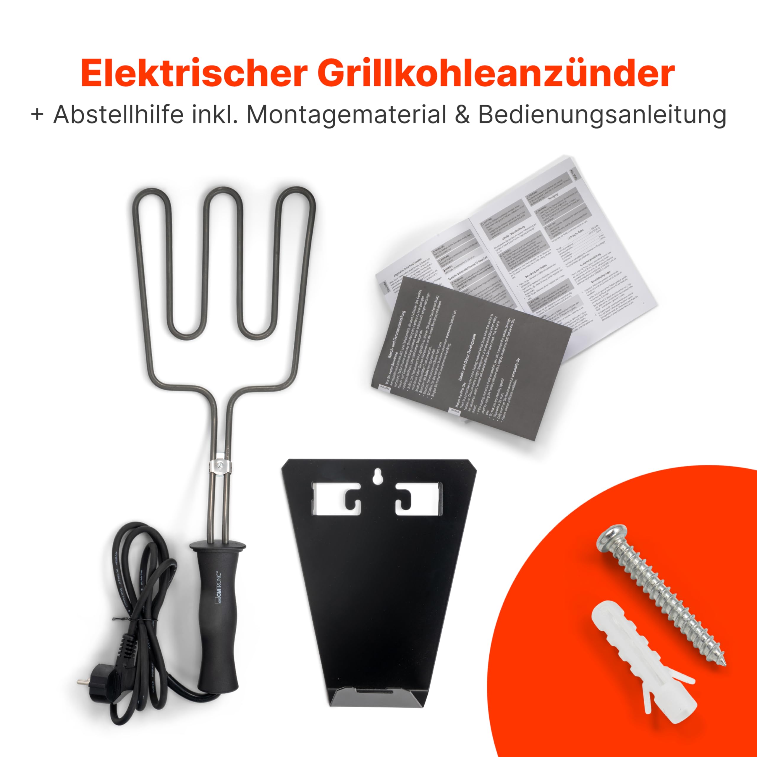 Clatronic® elektrischer Grillanzünder | Anzünden von Holzkohle | Grillfeuer in ca. 10 Min | Anzünder mit minimaler Rauchentwicklung | Keine Chemikalien u. Geruchsbildung | Grill Zubehör | EGA 3404