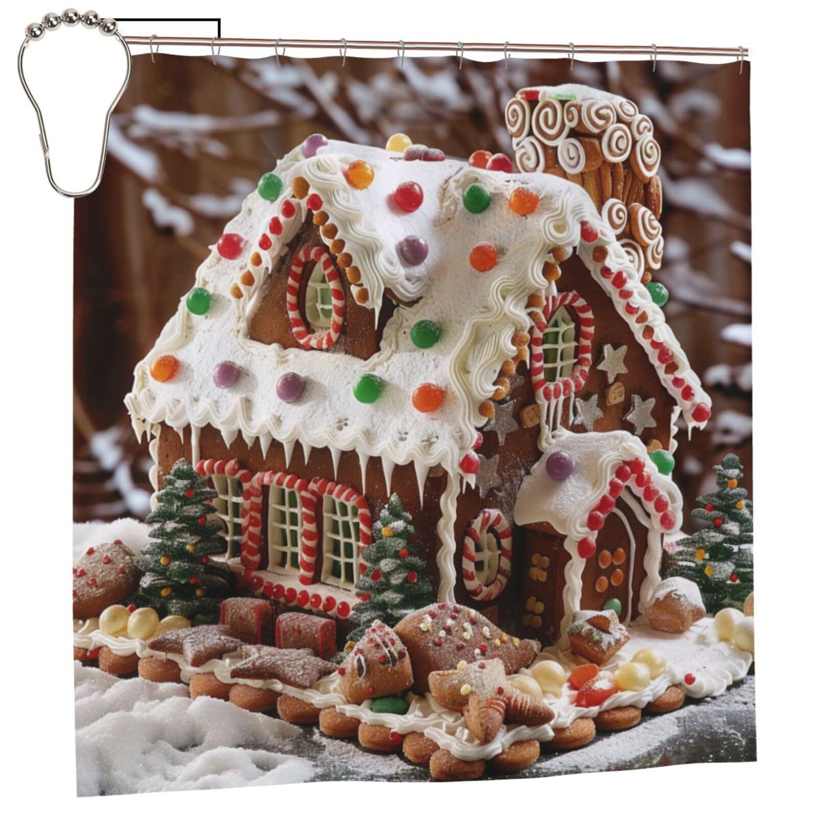 BWWHCCTI Christmas Gingerbread Like Village House Printed Shower Curtain With 12 Iron Hooks Opaque Quick Drying Waterproof Shower Curtains Sets For Bathroom 183x183 CM