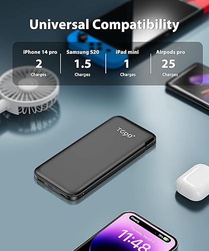 Miniatura 4 de TG90 Paquete de 2 baterías de 10000 mAh con enchufe de pared de CA integrado, cargador portátil ultradelgado con cables incorporados, batería