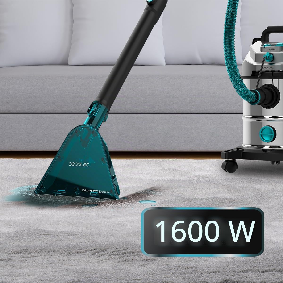 Cecotec Aspirapolvere Solidi, Liquidi, Tappezzerie e Tappeti con Cavo Conga CarpetClean 20000 Pro Ultra. 1600W, 21kPa di Potenza, Funzione 2 in 1, Capacità 20L, Kit Accessori, Raggio d'Azione 7m