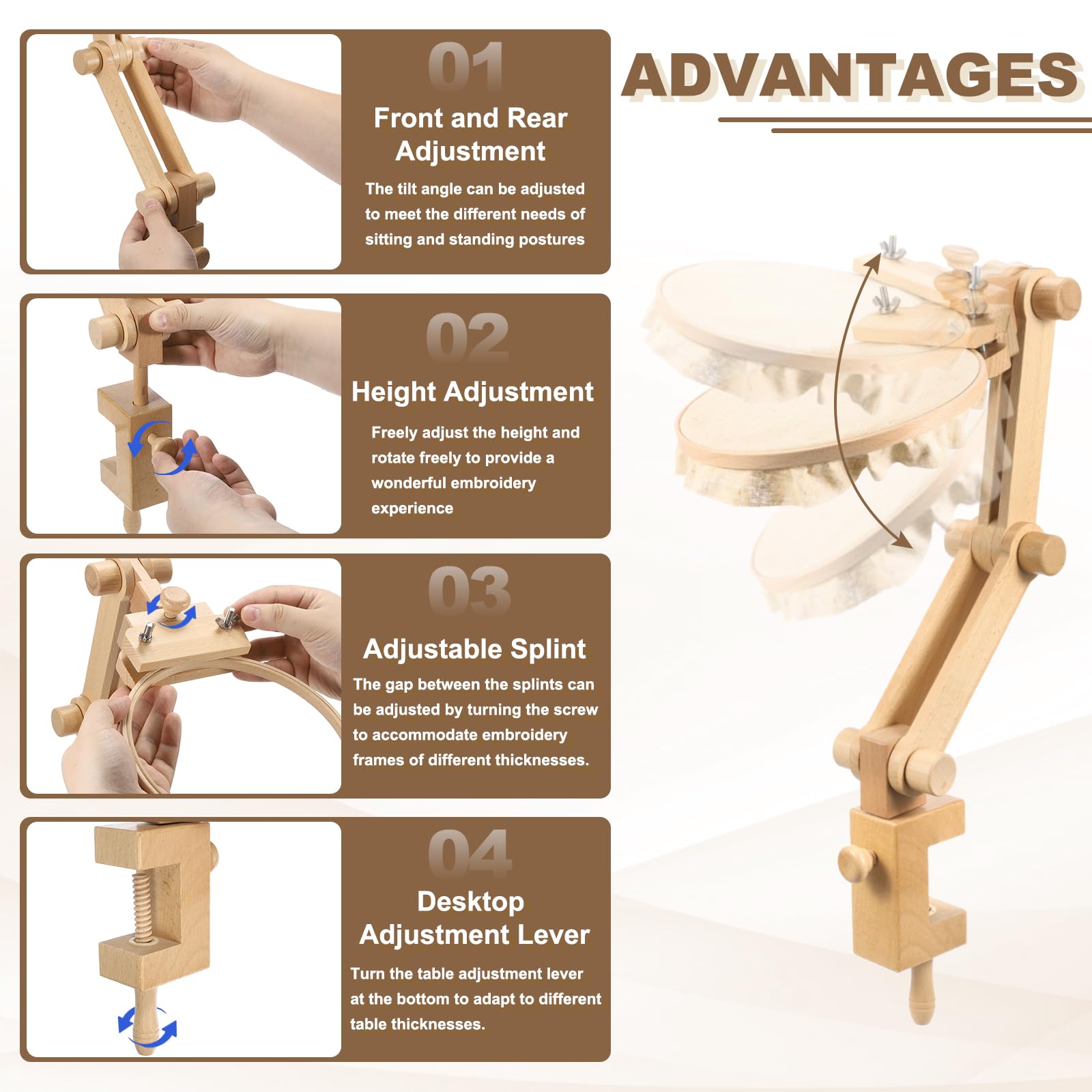 PATIKIL Adjustable Embroidery Hoop Stand - Beech Wood Hands-Free Holder, 360° Rotation, Fits Various Hoop Sizes - View #10
