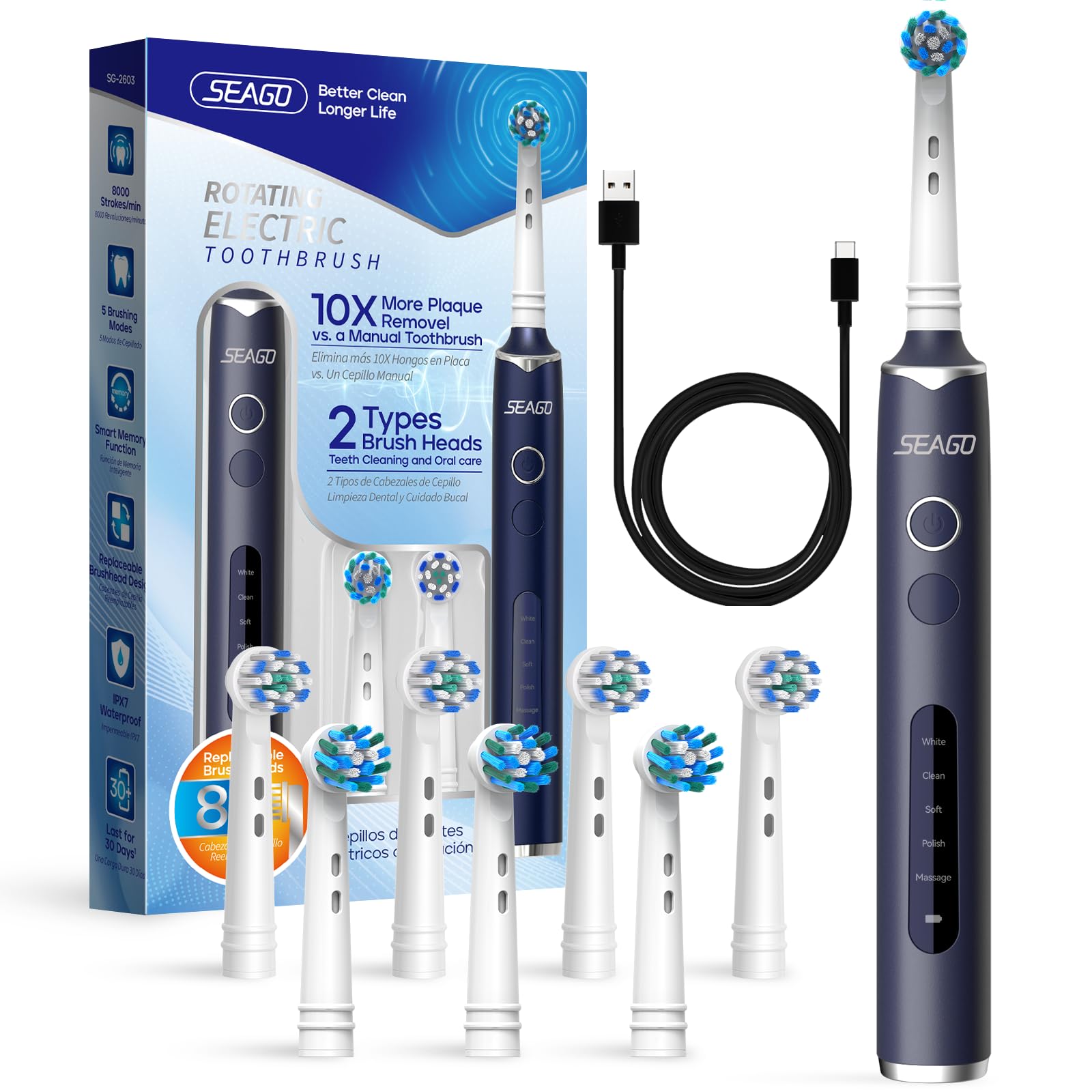 SEAGO Rotating Electric Toothbrush with 8 Round Brush Heads, with 5 Cleaning Modes, Sonic Technology Whitening Teeth in 14 Days, for Adult and Kids,