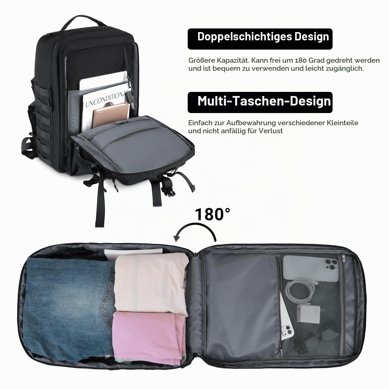 MOSISO Motorrad Rucksack Grosse Kapazität, Helmrucksack Anti-Diebstahl, Reflektierend, Helm Rucksack Laptopfach Mit USB-Ladeanschluss, Motorrad Rucksäcke Für Wandern Reisen Outdoor Arbei, Schwarz | Motorrad-Rucksäcke mit USB-Ladeanschluss und Laptopfach,
