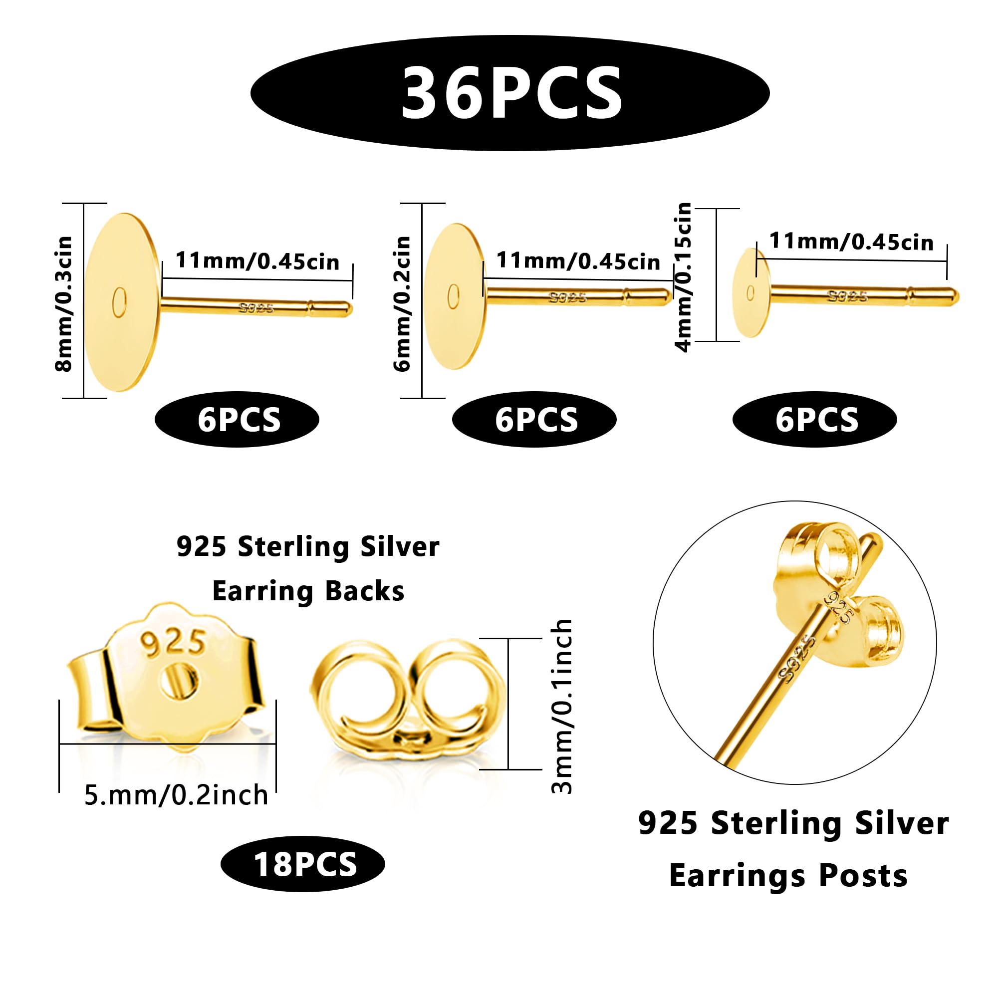 Orecchini in oro grezzi ipoallergenici 36 pezzi farfalla 4/6/8 mm