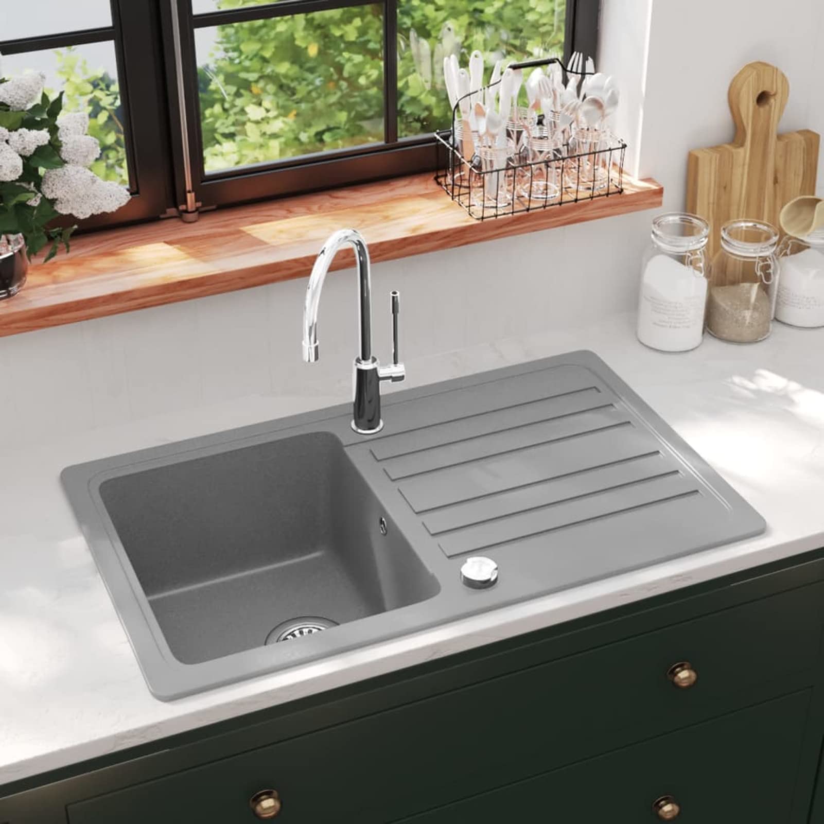 Fregadero Reversible Gris de Granito de una cubeta con escurridor, Fregadero Bajo Encimera, Picas De Cocina, Fregadero Encimera