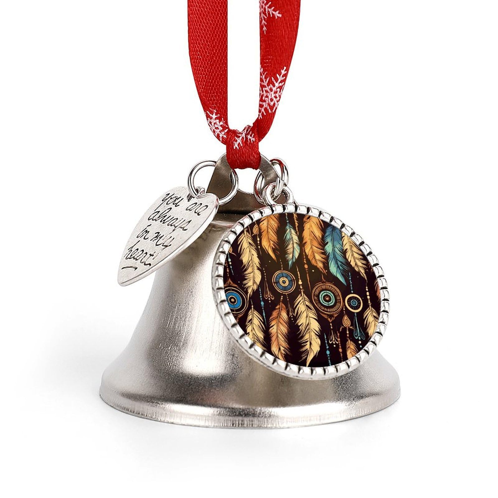 Vintage Ethnic Tribal Feather Bell Ornament Red Ribbon for Christmas Tree Holiday Decoration Personality Believe Bell Ornaments Sleigh Bells for Winter New Year Party Supplies