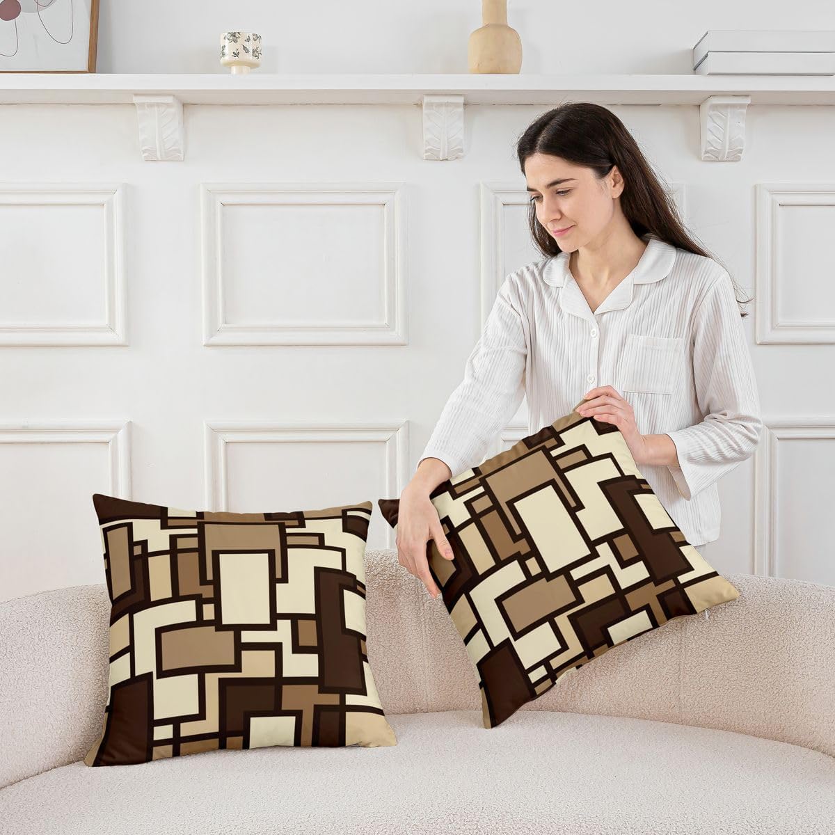 Feelyou Set of 2 Geometric Throw Pillow Covers, Brown Geometric Cushion Case for Home Living Room Decor, Reversible Stripe Line Decor Modern Art Throw Cushion Case, 24x24 Inches
