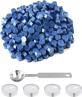 NACHLYNN 600 Pcs Octagon Sealing Wax Beads Sky Blue Wax Seal Beads with 1 Melting Spoon and 4 Pcs Tea Candles for Letter Greeting Cards Wine Sealing Crafts