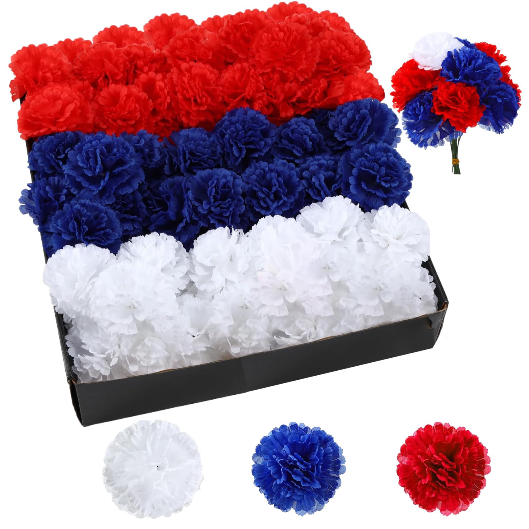 fkngcp Carnations Artificial Flowers, 180PCS 3.5" Fake Silk Carnation Flowers with 180PCS Stems, Realistic Memorial Day, DIY Red White and Blue for Cemetery Wreaths Basket
