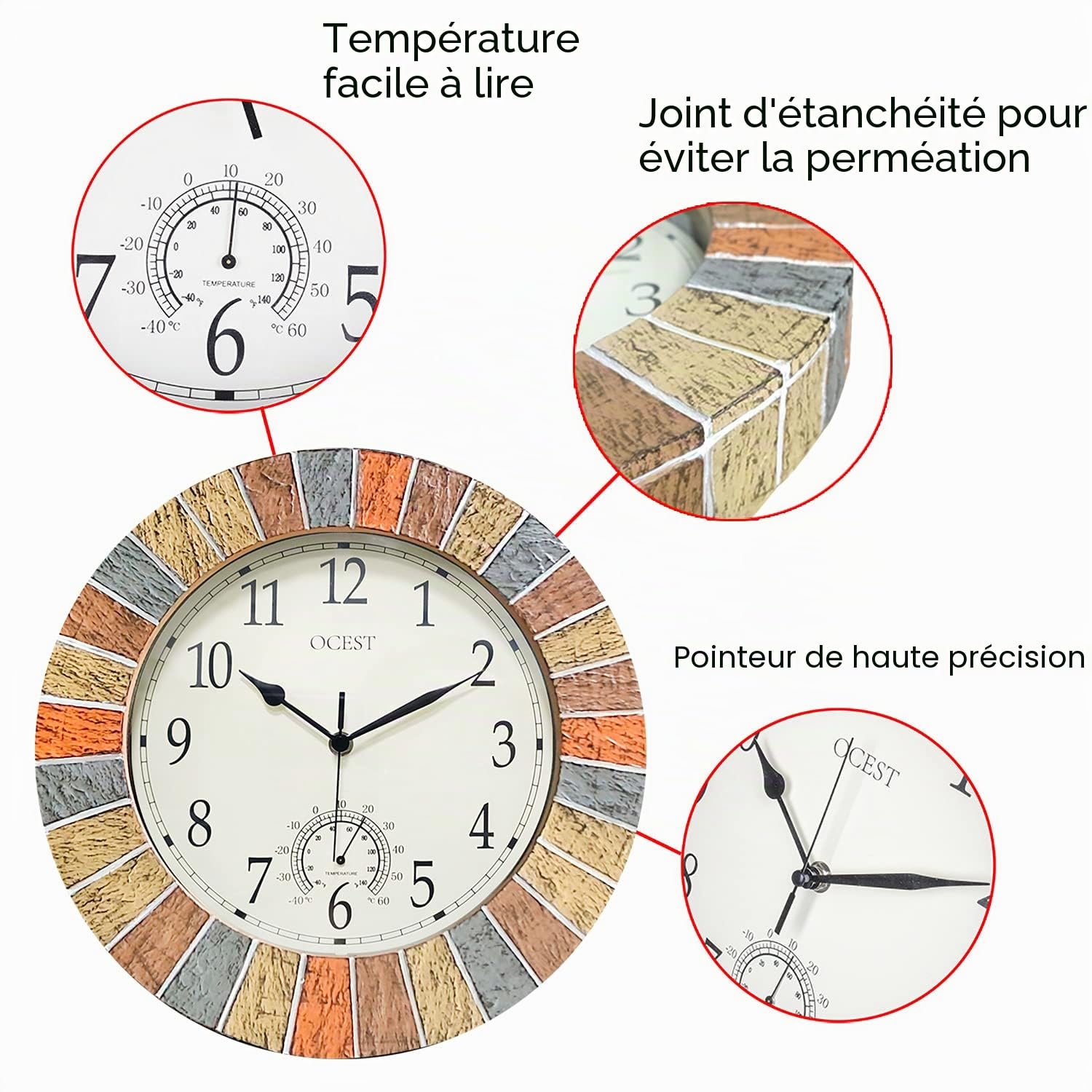 Ocest Grande horloge murale d'extérieur et d'intérieur étanche avec thermomètre, résistante aux intempéries, sans tic-tac, fonctionne avec des piles, jardin, salle de bain
