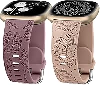 Vista 15 de Minyee Paquete de 2 correas grabadas florales compatibles con Fitbit Versa 4/Versa 3/Sense 2/Sense Band para mujer, lindo diseño de girasol