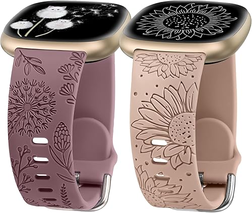 Minyee Paquete de 2 correas grabadas florales compatibles con Fitbit Versa 4Versa 3Sense 2Sense Band para mujer, lindo diseño de girasol de diente